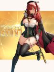  1girl azur_lane beret between_breasts black_cape black_headwear black_legwear breasts cape character_name cleavage cleavage_cutout covered_navel dress garter_straps gloves green_footwear hand_up hat highres holding holding_sword holding_weapon large_breasts long_hair looking_at_viewer oekakizuki red_hair shoes solo standing standing_on_one_leg sword thighhighs thighs weapon white_gloves zara_(azur_lane) 