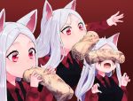  animal_ears cerberus_(helltaker) chocolate demon doggirl fang food helltaker long_hair red_eyes suit tagme_(artist) tie white_hair 