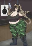 anthro bazooka_betty belly big_breasts biped black_hair black_tank_top boots bottomwear breasts camo cleavage clothed clothing combat_boots domestic_cat eyewear felid feline felis female footwear goggles goggles_on_head gun hair handgun huge_breasts legwear looking_at_viewer maikeru mammal midriff_baring_shirt nipple_outline overweight overweight_female pants pistol psion ranged_weapon shirt smile smoke solo standing stripes tank_top target_practice thick_hips thick_thighs topwear weapon yellow_eyes 