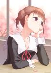  1girl absurdres artist_name bangs blunt_bangs braid brown_hair cherry_blossoms chin_rest classroom collarbone desk dress eyebrows_visible_through_hair highres indoors kaguya-sama_wa_kokurasetai_~tensai-tachi_no_renai_zunousen~ long_sleeves looking_away looking_out_window mokupa neck_ribbon petals purple_eyes red_ribbon ribbon school_desk school_uniform shijou_maki short_hair sitting solo twintails upper_body window 