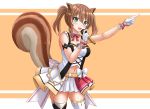  1girl :d animal_ear_fluff animal_ears arm_up ayunda_risu bangs bare_shoulders black_legwear blush bow breasts brown_background brown_hair eyebrows_visible_through_hair gloves green_eyes hair_between_eyes highres holding holding_microphone hololive hololive_indonesia kazenokaze medium_breasts microphone mismatched_legwear navel open_mouth pleated_skirt sidelocks skirt smile solo squirrel_ears squirrel_girl squirrel_tail tail tail_raised thighhighs twintails two-tone_background virtual_youtuber white_background white_bow white_gloves white_legwear white_skirt 
