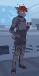  4_fingers alien antennae_(anatomy) anthro armor beverage clothed clothing coffee computer fingers full-length_portrait grey_body grey_clothing hair hi_res holding_object inside male plantigrade portrait red_hair short_hair small_tail solo spacesuit volcanins yellow_eyes 