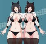  animal_ears atago_(azur_lane) azur_lane bikini black black_hair black_legwear breasts brown_eyes cat_ears cuffs handcuffs huge_breasts kiss kkktakeda lace long_hair long_sleeves looking_at_viewer navel open_clothes open_shirt red_lips smile swimsuit thick_thighs thighs 
