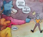  antlers beastars bottomwear brown_body brown_fur canid canine canis cervid clothing comic crime dialogue english_text footwear fur gun haru_(beastars) hi_res holographic_consumer horn humor lagomorph legoshi_(beastars) leporid louis_(beastars) mammal mugging multicolored_body multicolored_fur painting_(artwork) pants rabbit ranged_weapon robbery shirt shoes speech_bubble surprise sweater text topwear traditional_media_(artwork) two_tone_body two_tone_fur watercolor_(artwork) weapon wolf y63367038 