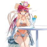 1girl azur_lane bikini blue_eyes bracelet breasts chair cleavage closed_mouth commentary_request drinking_straw flower french_text hat hat_flower jewelry komamitsu large_breasts long_hair looking_at_viewer navel red_hair simple_background sitting smile solo stomach straw_hat sun_hat sunglasses surcouf_(azur_lane) surcouf_(loisirs_balneaires)_(azur_lane) swimsuit table tropical_drink white_background white_bikini 