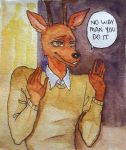 absurd_res anthro antlers beastars brown_body brown_fur cervid clothing collared_shirt comic dialogue english_text fur half-length_portrait hi_res holographic_consumer horn humor louis_(beastars) male mammal painting_(artwork) portrait solo speech_bubble sweater text topwear traditional_media_(artwork) watercolor_(artwork) y63367038 