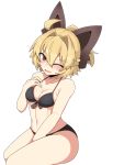  1girl absurdres agu_(antyosan) ahoge bangs bare_arms bikini black_bikini blonde_hair blush bow breasts brown_bow brown_eyes clip_studio_paint_(medium) eyebrows_visible_through_hair hair_between_eyes hair_bow hair_intakes halter_top halterneck head_tilt highres kurodani_yamame looking_at_viewer medium_breasts one_eye_closed open_mouth short_hair short_ponytail simple_background solo swimsuit touhou white_legwear 