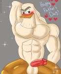  abs anatid anseriform anthro avian balls beak beard bird blush bodily_fluids digital_media_(artwork) disney duck ducktales ducktales_(2017) facial_hair feathers genital_fluids genitals hand_behind_back hand_behind_head hi_res klr-rio looking_at_viewer male muscular muscular_male nipples pecs penis precum simple_background solo zeus_(ducktales) 