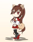  1girl animal_ears beige_background black_legwear brown_eyes brown_hair cherry_blossoms commentary detached_sleeves dog_ears dog_tail full_body highres hip_vent kantai_collection kemonomimi_mode long_hair ponytail rudder_footwear simple_background single_thighhigh solo standing tail thighhighs yakuto007 yamato_(kantai_collection) z_flag 