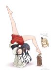  2girls balancing barefoot black_hair commentary_request detached_sleeves full_body fusou_(kantai_collection) handstand japanese_clothes jenga kantai_collection legs_up long_hair multiple_girls nikuoji plantar_flexion pleated_skirt red_eyes red_skirt simple_background skirt solo_focus translation_request warspite_(kantai_collection) white_background 