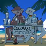  aloha_shirt anthro beach blush bodily_fluids bottomless clothed clothing cloud coconut cum cum_in_a_cup cup desk drupe_(fruit) duo fin fish food fruit furniture furred_shark genital_fluids genitals hacony hair hi_res male marine money palm_tree partially_clothed penile penis penis_milking plant qundium sand sea seaside sex shark stealth_sex tree water yewonlee1999 