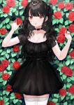  1girl absurdres black_choker black_dress black_hair breasts choker cleavage dress earrings fang flower highres jewelry lace lace-trimmed_legwear long_hair nail_polish original red_eyes red_nails rose rose_bush symbol_commentary thighhighs two_side_up usagiplanet7 white_legwear 