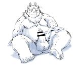  2020 anthro ashi4423 balls belly blush duo erection genitals hi_res humanoid_hands kemono male moobs nipples overweight overweight_male penis simple_background sitting tokyo_afterschool_summoners tsathoggua video_games white_background 