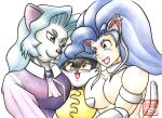  1boy 2girls animal_ears artist_request blue_hair blue_headwear breasts cabbit capcom cat_ears cat_tail dress erma_(tenchi_muyou!_gxp) felicia felikichi gloves green_eyes group_hug hug kaze_no_klonoa klonoa multiple_girls purple_dress tail tenchi_muyou! tenchi_muyou!_gxp vampire_(game) white_fur yellow_eyes yellow_gloves 