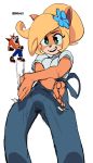  activision anthro bandicoot blonde_hair brekkist clothing coco_bandicoot crash_bandicoot crash_bandicoot_(series) female green_eyes hair hi_res mammal marsupial overalls pelvic_thrust ponytail simple_background video_games white_background 