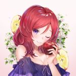  1girl apple bare_shoulders breasts cleavage commentary_request flower food fruit gakuon_(gakuto) hair_between_eyes head_tilt highres holding holding_food holding_fruit looking_at_viewer love_live! love_live!_school_idol_project medium_breasts nail_polish nishikino_maki off-shoulder_shirt off_shoulder one_eye_closed purple_shirt red_hair red_nails shirt short_hair smile solo strapless_shirt upper_body 