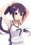  1girl armpits arms_up bangs bare_arms bare_shoulders blush breasts cleavage closed_mouth collarbone commentary_request eyebrows_visible_through_hair gochuumon_wa_usagi_desu_ka? hair_between_eyes hair_tie hair_tie_in_mouth highres medium_breasts mouth_hold neki_(wakiko) ponytail purple_eyes purple_hair shirt sidelocks simple_background sleeveless sleeveless_shirt solo sportswear tedeza_rize tying_hair white_background white_shirt 