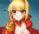  1girl ? ahoge bangs bishoujo_senshi_sailor_moon blonde_hair blush braid breasts cleavage commentary_request dress eyebrows_visible_through_hair fate/grand_order fate_(series) green_eyes hair_intakes hair_ribbon large_breasts long_hair looking_at_viewer meme nero_claudius_(fate) nero_claudius_(fate)_(all) open_mouth puffy_sleeves red_dress ribbon sailor_moon_redraw_challenge short_hair solo sweatdrop yayoi_maka 