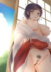  1girl :o absurdres aqua_eyes architecture areolae bar_censor blue_sky blush breasts breasts_apart censored cloud commentary_request east_asian_architecture from_below hakama hakama_lift highres indoors japanese_clothes kazehana_(spica) kimono large_breasts long_hair looking_at_viewer love_live! love_live!_school_idol_project low_twintails miko nipples no_bra no_panties pointless_censoring pubic_hair purple_hair red_hakama sky solo sweat toujou_nozomi translation_request twintails very_long_hair white_kimono 