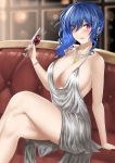  1girl absurdres alcohol arikawa_rui azur_lane backless_dress backless_outfit bangs bare_shoulders blue_hair blue_nails blush bracelet breasts champagne_flute cleavage couch crossed_legs cup dress drinking_glass earrings evening_gown grey_dress hair_between_eyes hair_ornament hairclip halter_dress highres holding holding_cup indoors jewelry large_breasts nail_polish necklace pink_eyes plunging_neckline revealing_clothes side_ponytail sidelocks silver_dress sitting smile st._louis_(azur_lane) st._louis_(luxurious_wheels)_(azur_lane) thighs 