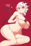  1girl bare_arms bare_legs bare_shoulders bikini breasts closed_mouth demon_girl demon_horns demon_tail heart heart-shaped_pupils helltaker highres horns large_breasts looking_at_viewer micro_bikini modeus_(helltaker) navel painttool_sai_(medium) red_background red_bikini red_eyes samegami short_hair simple_background solo string_bikini swimsuit symbol-shaped_pupils tail white_hair 