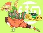  1girl al_bhed_eyes ankle_socks arm_behind_back arms_(game) artist_name bangs beanie black_legwear blonde_hair blunt_bangs blunt_ends chinese_clothes dated domino_mask dragon_(arms) emblem eyes_visible_through_hair green_background green_footwear hat highres kumo_ni_notte legwear_under_shorts looking_away looking_to_the_side looking_up mandarin_collar mask min_min_(arms) multicolored multicolored_clothes multicolored_headwear orange_headwear orange_legwear orange_shirt pantyhose print_headwear shirt shoes short_hair shorts signature simple_background sneakers socks solo 