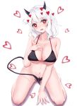  1girl bare_arms bare_shoulders bikini black_bikini black_horns blush breasts cleavage collarbone commentary_request demon_girl demon_horns demon_tail eyebrows_visible_through_hair heart heart-shaped_pupils helltaker highres horns irato_at large_breasts looking_at_viewer medium_hair modeus_(helltaker) navel open_mouth red_eyes saliva simple_background solo swimsuit symbol-shaped_pupils tail white_background white_hair 