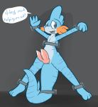  2020 3_toes 4_fingers anthro blue_body blue_tail blue_text english_text erection fingers genitals hi_res male mudkip mudkipz9 multi_genitalia multi_penis nintendo nude open_mouth orange_body penis pok&eacute;mon pok&eacute;mon_(species) restrained solo speech_bubble teeth text toes tongue ultilix video_games 