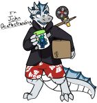  2020 alpha_channel anthro blue_body blue_scales blue_tongue bottomwear box clothing dialogue dragon duct_tape duo english_text fan_(disambiguation) frill_(anatomy) fur green_eyes grey_body grey_scales half-closed_eyes hi_res hoodie horn jar kobold male membrane_(anatomy) membranous_frill micro multicolored_body narrowed_eyes open_mouth red_bottomwear red_clothing red_shorts ruler scales shorts simple_background speech_bubble swimming_trunks swimwear tape text tongue topwear transparent_background trout_(artist) yellow_body yellow_fur 