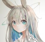  1girl ahoge animal_ears bangs blue_eyes bunny_ears close-up collared_shirt commentary eyebrows_behind_hair face gradient gradient_background grey_hair hair_between_eyes highres long_hair looking_at_viewer mile_(mil2) original parted_lips photoshop_(medium) shirt smile solo white_background 