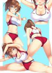  1girl armpits ass bare_arms bare_shoulders blue_eyes breasts brown_hair buruma cleavage collarbone highres ichi_makoto large_breasts long_hair looking_at_viewer midriff multiple_views navel open_mouth original ponytail red_buruma sports_bra spread_legs stomach stretch sweat thighs track_and_field 