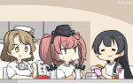  3girls agano_(kantai_collection) anchor_hair_ornament atlanta_(kantai_collection) black_hair black_headwear blush breasts brown_eyes closed_eyes cup disposable_cup drinking_straw eating eyebrows_visible_through_hair fast_food food french_fries garrison_cap gloves hair_ornament hamburger hamu_koutarou hat headgear highres holding houston_(kantai_collection) kantai_collection large_breasts long_hair looking_at_viewer multiple_girls peaked_cap shirt short_hair short_sleeves sitting smile sweat white_gloves white_shirt 