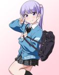  1girl apita_(apitaro) bag flower gradient gradient_background hair_flower hair_ornament long_hair looking_at_viewer new_game! plaid plaid_skirt pleated_skirt purple_eyes purple_hair school_bag school_uniform skirt smile solo suzukaze_aoba twintails v 