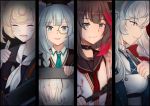  4girls animal_ears arknights bangs bear_ears black_jacket blonde_hair blood blue_hair blue_headwear blue_neckwear choker fur-trimmed_jacket fur_trim green_eyes grey_hair gummy_(arknights) hair_between_eyes hair_ornament highres istina_(arknights) jacket kyomu_(7641) monocle multicolored_hair multiple_girls necktie rosa_(arknights) sailor_collar sailor_shirt school_uniform serafuku shirt silver_hair smile white_jacket white_sailor_collar zima_(arknights) 