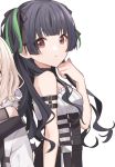  2girls armlet bangs bare_shoulders black_bow black_hair blouse blunt_bangs bow breasts brown_eyes character_request chiri_(ch!) choker closed_mouth eyebrows_behind_hair facing_to_the_side green_stripe hair_ribbon idolmaster idolmaster_shiny_colors long_hair looking_at_viewer mayuzumi_fuyuko multiple_girls profile ribbed_shirt ribbon shirt small_breasts strapless_shirt tied_hair twintails upper_body wavy_hair white_background white_blouse 