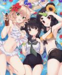  3girls :d :p animal_ear_fluff animal_ears armpits bangs bare_arms bare_shoulders bikini bikini_under_clothes black_hair black_sailor_collar black_shorts black_swimsuit blue_nails bottle bow breasts brown_eyes brown_headwear cat_ears cat_girl cat_tail cleavage closed_mouth commentary_request eyebrows_visible_through_hair fang flower frilled_bikini frills front-tie_bikini front-tie_top green_eyes green_nails green_neckwear hair_between_eyes hair_bun hair_flower hair_ornament hat hat_bow hat_removed headwear_removed highleg highleg_bikini highres holding holding_bottle kuranami_shiki large_breasts light_brown_hair medium_breasts multiple_girls nail_polish natsuki_teru neckerchief nekomiya_ryuu old_school_swimsuit one-piece_swimsuit open_mouth orange_bikini orange_flower original petals petals_on_liquid red_eyes red_flower sailor_collar school_swimsuit shallow_water shikibe_ayaka shirt short_eyebrows short_shorts short_sleeves shorts signature smile sparkle straw_hat sunflower sunflower_hair_ornament swimsuit swimsuit_under_clothes tail thick_eyebrows tongue tongue_out water white_bikini white_bow white_shirt 