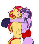 anthro anthro_on_anthro big_breasts blush boxing_gloves breast_squish breasts breasts_frottage clothed clothing equestria_girls equid equine eye_contact female female/female friendship_is_magic handwear hellbridge horn looking_at_another mammal my_little_pony simple_background squish sunset_shimmer_(eg) topless twilight_sparkle_(mlp) unicorn white_background 