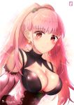  1girl artist_name breasts chinchongcha cleavage closed_mouth earrings fire_emblem fire_emblem:_three_houses highres hilda_valentine_goneril jewelry large_breasts long_hair pink_eyes pink_hair ponytail smile solo upper_body 