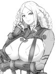  1girl breasts drill_hair fingerless_gloves floria_frank gloves grey_eyes hair_twirling highres large_breasts long_hair looking_at_viewer matu_gyu monochrome pilot_suit sketch super_robot_wars super_robot_wars_x-omega 