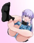  1girl apita_(apitaro) feet flower gradient gradient_background hair_flower hair_ornament long_hair new_game! no_shoes panties pantyshot plaid plaid_skirt pleated_skirt purple_eyes purple_hair school_uniform single_sock skirt smug socks soles solo suzukaze_aoba twintails underwear white_panties 