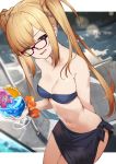  1girl :d alternate_hairstyle bare_shoulders bikini black_bikini blonde_hair blue_eyes blue_hawaii breasts cleavage fate_(series) glasses highres holding long_hair looking_at_viewer lord_el-melloi_ii_case_files medium_breasts navel open_mouth reines_el-melloi_archisorte sidelocks smile smug solo stomach strapless strapless_bikini swimsuit twintails very_long_hair yuuuuu 