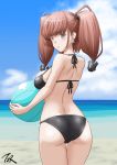  1girl anchor_hair_ornament ass atlanta_(kantai_collection) ball beach beachball bikini black_bikini blue_sky breasts brown_hair clip_studio_paint_(medium) cloud commentary_request cowboy_shot day earrings from_behind grey_eyes hair_ornament highres horizon jewelry kantai_collection large_breasts long_hair looking_at_viewer looking_back ocean side-tie_bikini sky smile solo standing star_(symbol) star_earrings swimsuit t2r two_side_up 