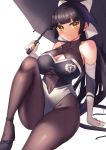  1girl absurdres azur_lane black_footwear black_hair black_legwear bow breasts brown_eyes cleavage cleavage_cutout cowboy_shot elbow_gloves fingerless_gloves gloves hair_bow hair_flaps high_heels highres large_breasts long_hair looking_at_viewer multicolored_leotard pantyhose ponytail race_queen seele0907 simple_background solo takao_(azur_lane) takao_(full_throttle_charmer)_(azur_lane) two-tone_leotard umbrella white_background white_bow 
