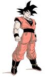  1boy ankle_boots arms_at_sides artist_name black_eyes black_footwear black_hair black_sash black_shirt black_wristband boots clenched_hands closed_mouth dougi dragon_ball dragon_ball_z facing_viewer fenyon full_body hair_strand highres legs_apart looking_afar male_focus muscular muscular_male obi pectorals rope sash serious shadow shirt short_sleeves simple_background solo son_goku spiked_hair standing undershirt white_background wristband 