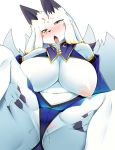  anthro big_breasts blush bodily_fluids breasts clothing daji_(full_bokko_heroes) faeki female fullbokko_heroes genital_fluids hi_res kemono looking_at_viewer navel nipples open_mouth pussy_juice saliva simple_background solo tongue tongue_out white_background 