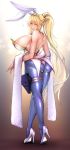  1girl absurdres animal_ears areola_slip areolae artoria_pendragon_(all) artoria_pendragon_(swimsuit_ruler)_(fate) ass back bangs blonde_hair blue_legwear blush breasts bunny_ears bunny_tail bunnysuit crown eyebrows_visible_through_hair fake_animal_ears fake_tail fate/grand_order fate_(series) feather_boa fishnet_legwear fishnets green_eyes high_heels highres holster huge_breasts kagami_uekusa long_hair looking_at_viewer parted_lips ponytail smile solo sweat tail thigh_holster very_long_hair white_footwear 