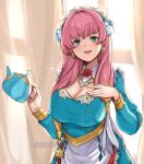  1girl alternate_costume blue_eyes breasts cleavage earrings enmaided fire_emblem fire_emblem_heroes flower gunnthra_(fire_emblem) hair_flower hair_ornament highres holding jewelry large_breasts long_hair long_sleeves maid maid_headdress open_mouth pink_hair ritence solo teapot twitter_username 