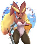  absurd_res anthro armor blush bow_tie breasts bunny_costume cleavage clothed clothing costume easter easter_egg female hi_res holidays jmf lipstick looking_at_viewer lopunny makeup melee_weapon nintendo pok&eacute;mon pok&eacute;mon_(species) smiling_at_viewer solo sword tight_clothing video_games weapon 
