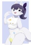  2020 5_fingers anthro bodily_fluids bow_tie canid canine canis caught clothing cute_fangs diaper female fingers fur genital_fluids hair hi_res looking_at_viewer mammal navel nyanyakotarou open_mouth ponytail shirt solo topwear urine wet_diaper wetting white_body white_fur wolf 
