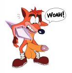  2020 activision anthro balls bandicoot big_balls big_penis black_nose bodily_fluids clothing crash_bandicoot crash_bandicoot_(series) crystal english_text erection eyebrows fingerless_gloves footwear footwear_only fur genital_fluids genitals gloves growth hair handwear hi_res humanoid_genitalia humanoid_penis male mammal marsupial mostly_nude navel noodle_t open_mouth orange_body orange_fur penis penis_growth precum red_hair shoes shoes_only solo speech_bubble surprise sweat sweatdrop teeth text thick_eyebrows tongue video_games 